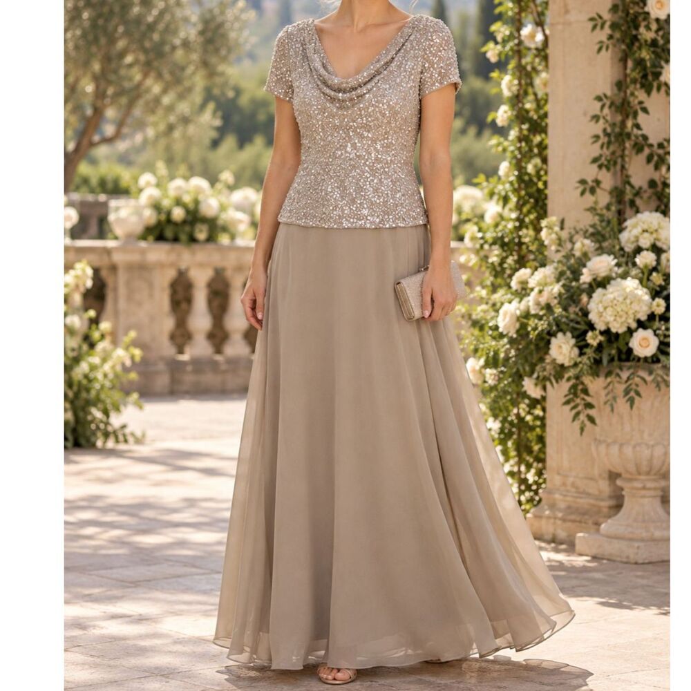 JKara Beaded Sequin Chiffon Gown 12 Champagne Cowl Neck Evening Formal READ